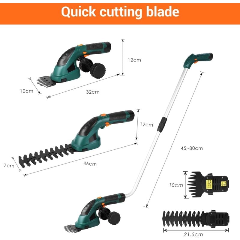 Akku-Rasentrimmer, Grasschere mit 7,2-V-Akku und Ladegerät, Akku-Heckenschere, Rasenmäher, abnehmbarer Teleskop-Langstiel, Dunkelgrün