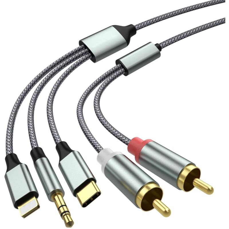 Lightning-auf-Cinch-Aux-Audioadapter, Cinch-auf-3,5-mm-Kabel, USB-C-auf-2-Cinch-Audiokabel (3-in-1-Audiokabel) für Auto, Heimkino, Lautsprecher usw.