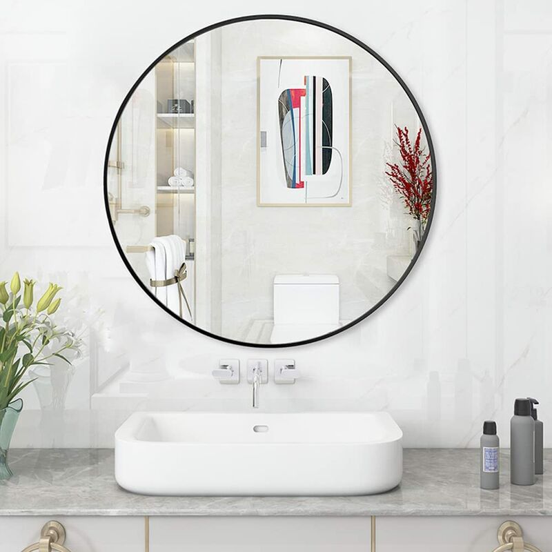 Runder Badspiegel Schwarz / Gold Wandspiegel rund 50 / 60 / 70 cm mit matt Metallrahmen Spiegel rund Dekospiegel Schwarzer / Gold Rand, Schwarzer