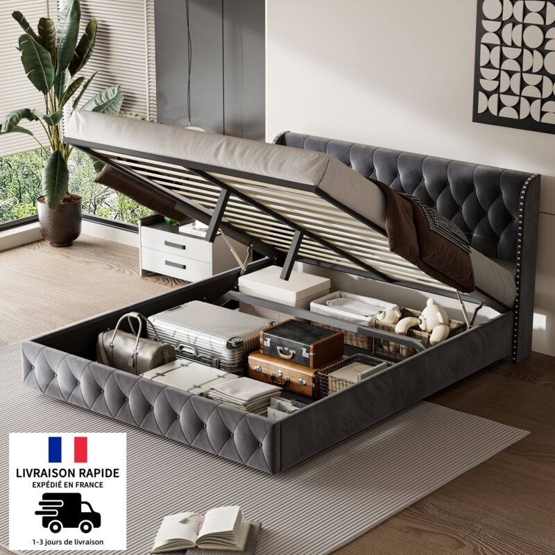 Bett mit Stauraum 140x190 cm - Lattenrost, doppelte Nietenreihe, Doppelbett, Bett mit Hydraulikfunktion, Chesterfield-Design, Velours - Dunkelgrau