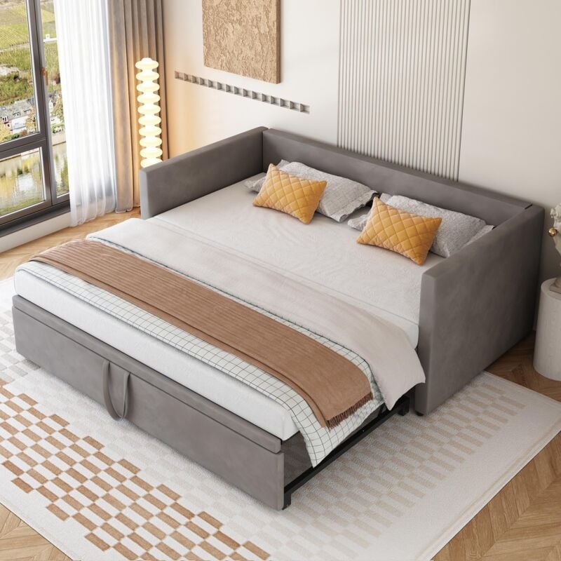 Ausziehbares Bett 90/180x200 cm, gepolstertes Ausziehbett mit Lattenrosten, multifunktionales Bett im modernen Stil, Velours - Grau