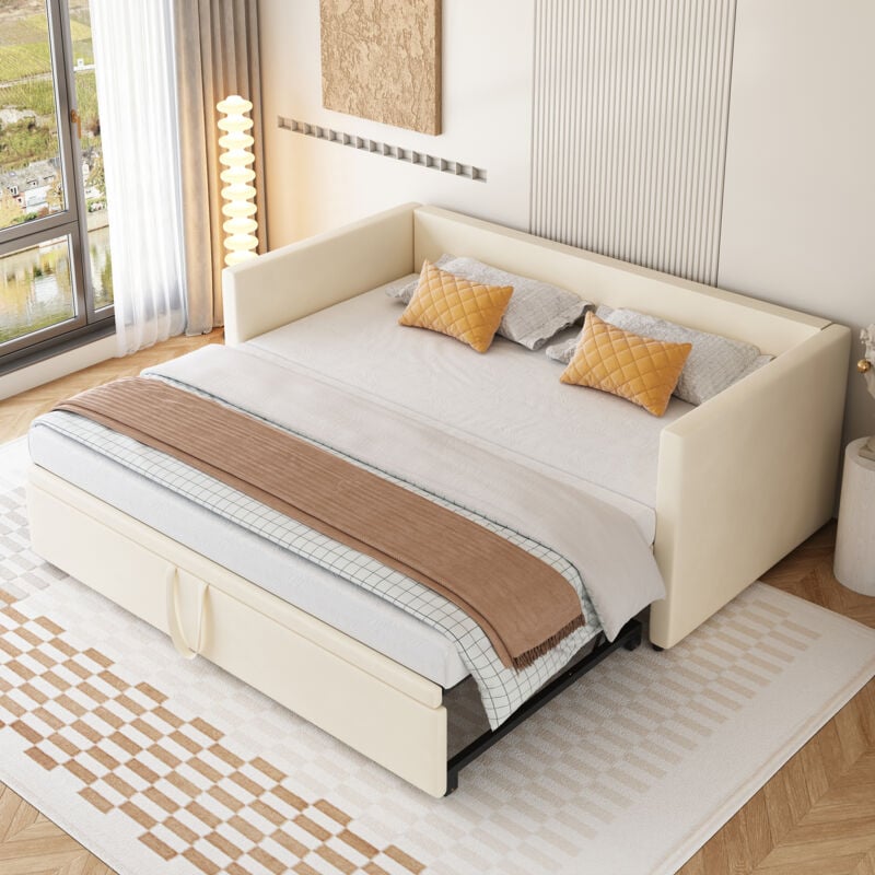 Ausziehbares Bett 90/180x200 cm, gepolstertes Ausziehbett mit Lattenrosten, multifunktionales Bett im modernen Stil, Velours - Beige