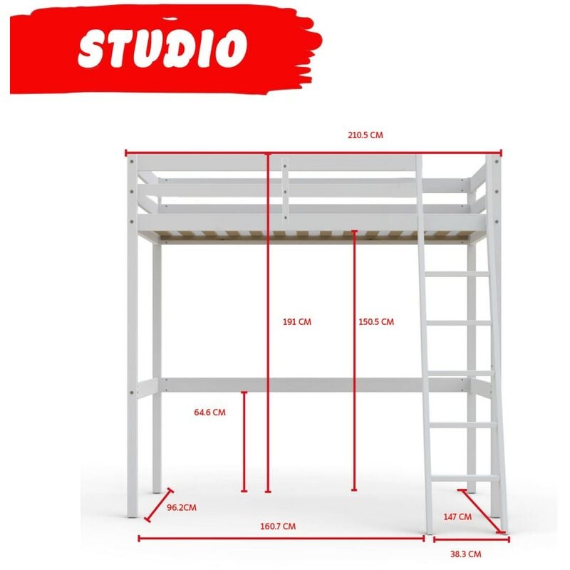 Le Quai Des Affaires - Hochbett studio 90x200 + 1 Bettkasten / Weiß/ B209xT151xH195