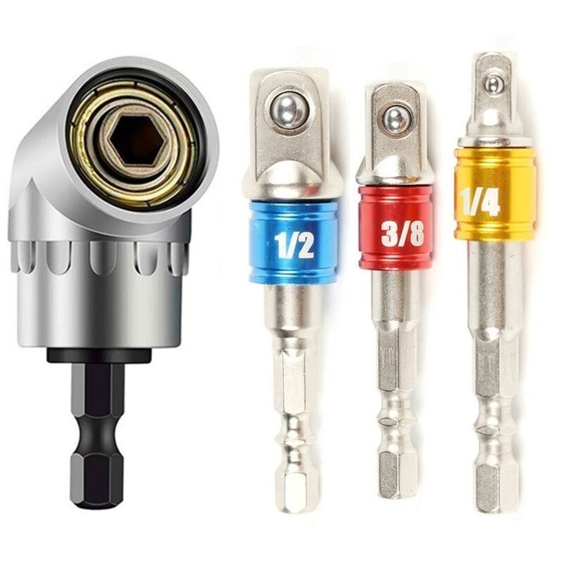 1 Stück rechtwinkliger Bohrer und 3 Stück Stecknussadapter 1/2 Zoll 3/8 Zoll 1/4 Zoll Winkelantriebssatz 105-Grad-Schraubendreher Magnetischer