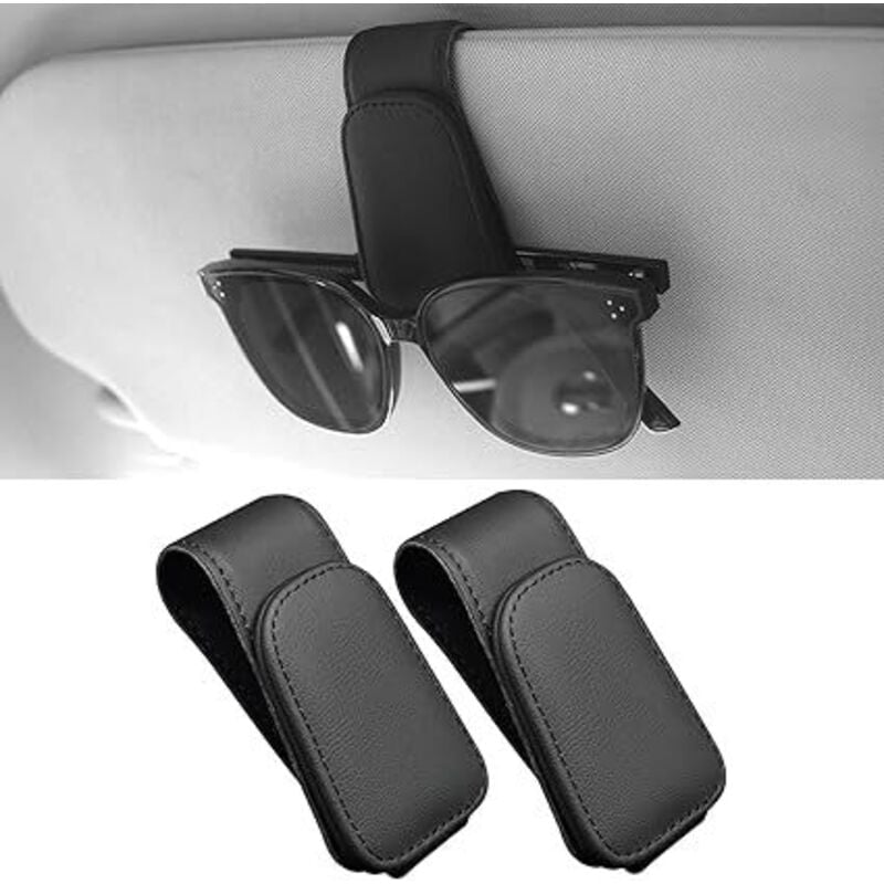 Lntyq - 2er-Pack Leder-Brillenrahmen fürs Auto, für die Sonnenblende im Auto, Auto-Brillenhalter, Ticket-Kartenhalter (schwarz)