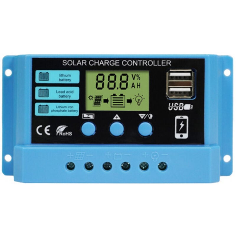 Lntyq - 30A 12V/24V Solarladeregler, intelligenter Solarbatterie-Panel-Regler mit Dual-USB-Port-LCD-Display