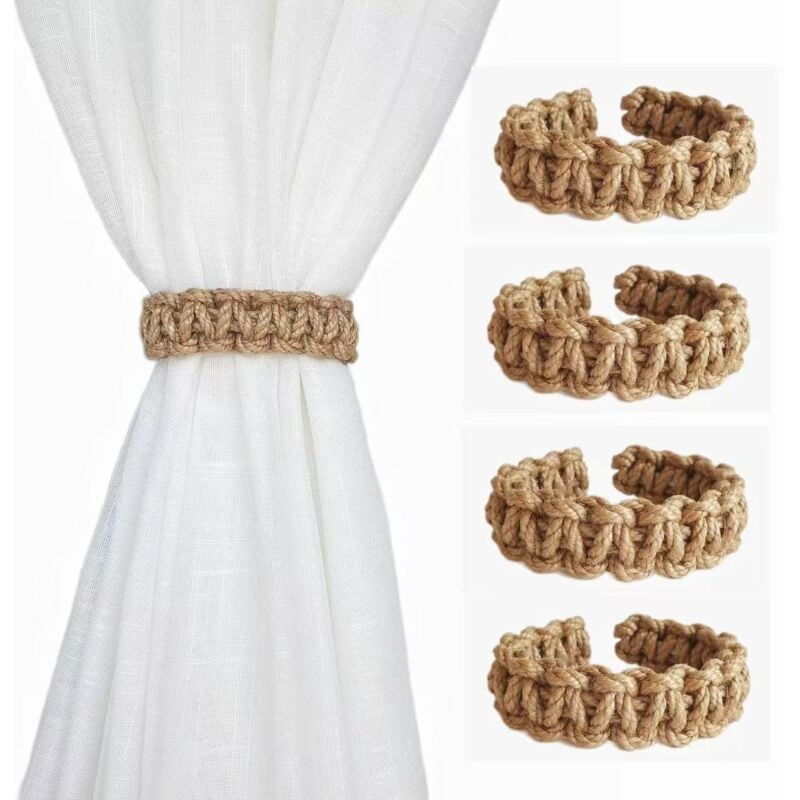 4er-Set rustikale Raffhalter aus Hanfseil für Vorhänge – handgestrickte Vorhanghalter – dekorative geflochtene Raffhalter für Vorhänge für Zuhause