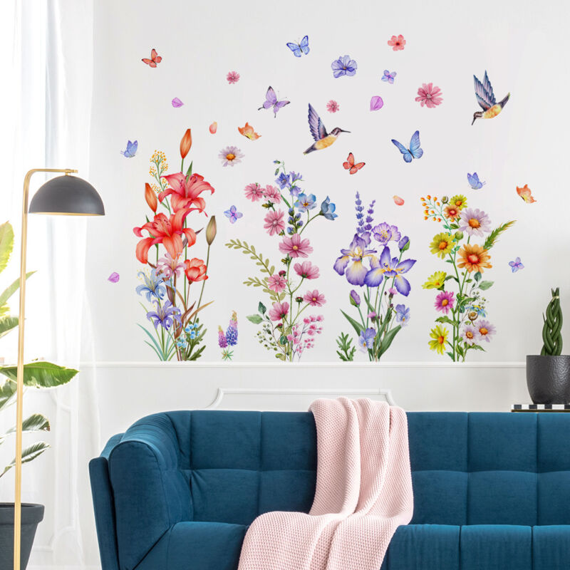 Lntyq - Bunte Blumen-Wandaufkleber, Garten-Blumen-Wandaufkleber, Pflanzen-Wandaufkleber, Blumen-Schmetterlings-Vogel-Wanddekoration für Wohnzimmer,