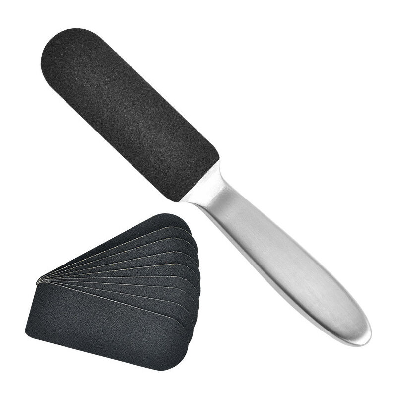 Lntyq Doppelseitiges Fußraspel-Set aus Edelstahl + 12 Ersatz-Schleifpapierblätter, Fußfeile, Fersenfußfeile, Hühneraugenentferner, für abgestorbene