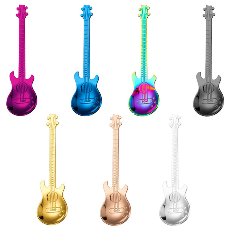Edelstahl-Kaffeelöffel, 7 Stück, Gitarren-Kaffeelöffel, kleine Löffel, Löffel mit langem Griff, zum Mischen von Milchshake, Tee, Dessert, Getränk