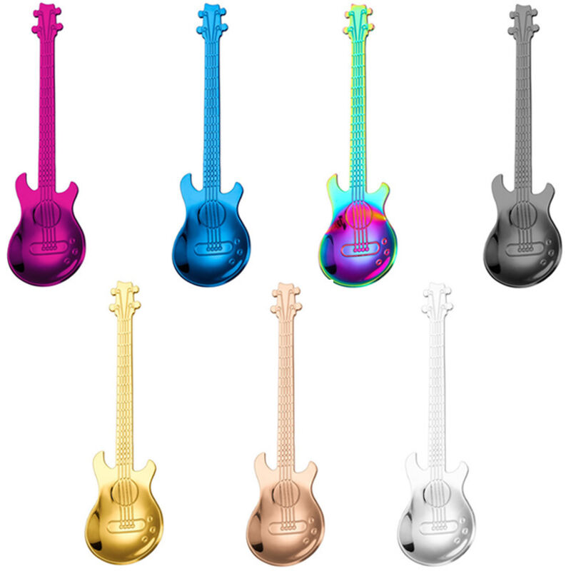 Edelstahl-Kaffeelöffel, 7 Stück, Gitarren-Kaffeelöffel, kleine Löffel, Löffel mit langem Griff, zum Mischen von Milchshake, Tee, Dessert, Getränk