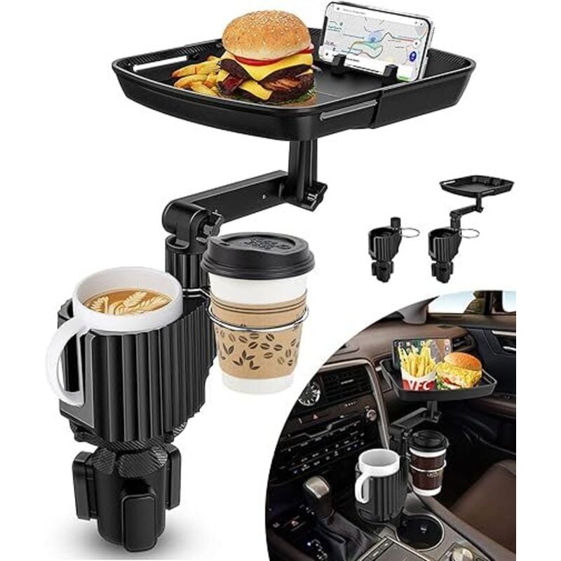 Erweiterbares Auto-Getränkehalter-Tablett, 360° schwenkbares Auto-Mahlzeitentablett, Auto-Esstablett mit Handy-Steckplatz, Essenstablett für Caravan,