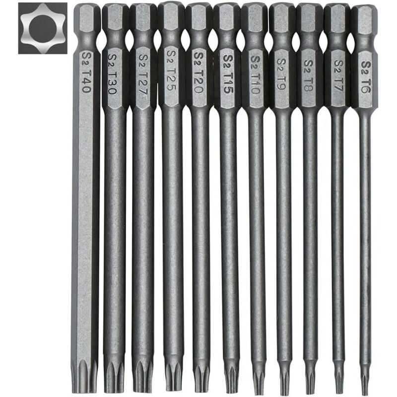 Set mit 11 langen Torx-Bits für Schraubendreher und Akkuschrauber - Magnetische Bits - 1/4' Sechskantschaft - Größen T6 bis T40 - Länge 100 mm - Lntyq