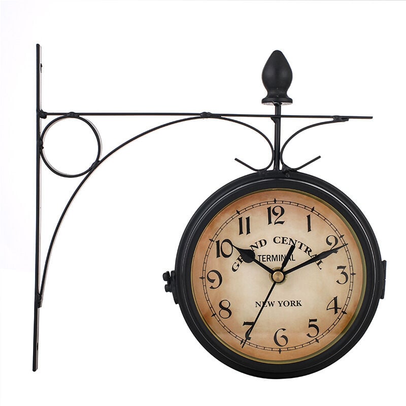 Lntyq - Uhr Vintage Double Face Uhr Murale de Fer Pendule Murale Gare Vintage mit Unterstützung für innen und außen, schwarz