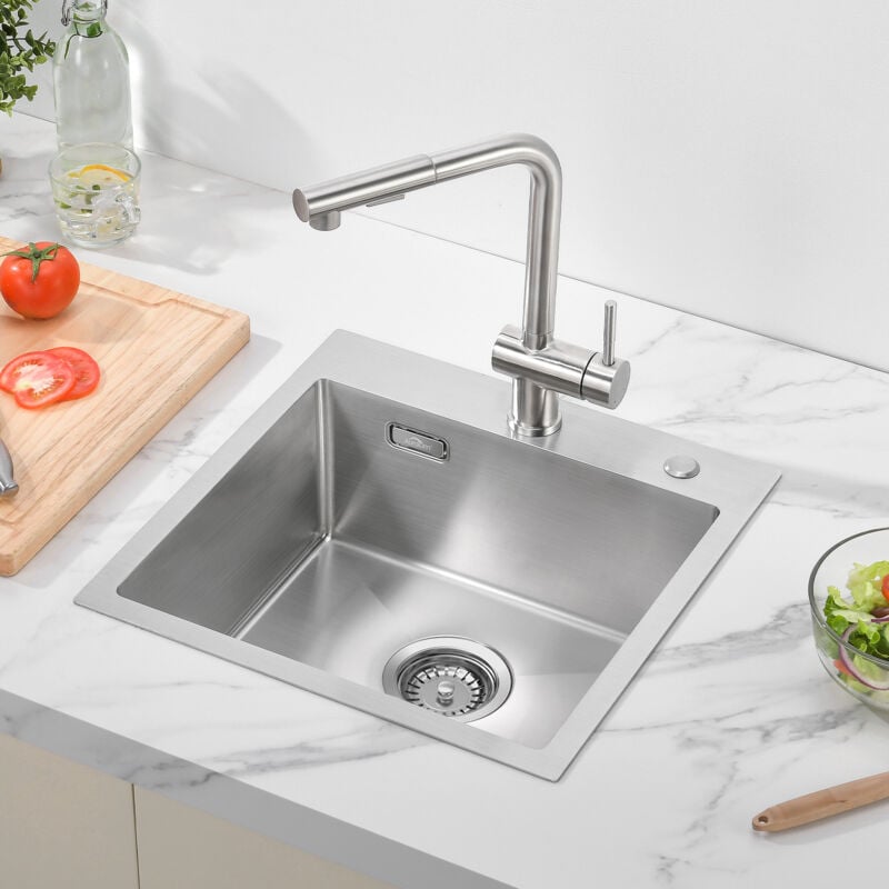 Lonheo - Auralum Spüle Küche 45 x 45 cm eckige Edelstahlspüle für ab 50er Unterschrank, Spülbecken für Küche Einzelbecken Aufliegende und