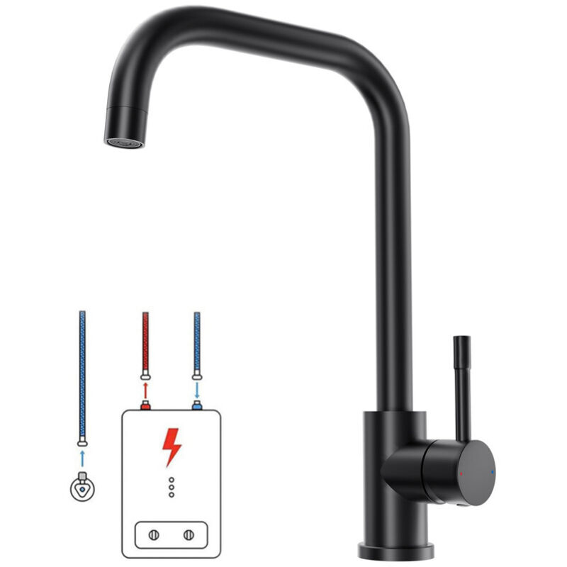 LONHEO MAX Schwarz Niederdruck Wasserhahn Küche Armatur aus Edelstahl, 360° Schwenkbar Küche Mischbatterie Einhebelmischer für Kaltwasser und einen