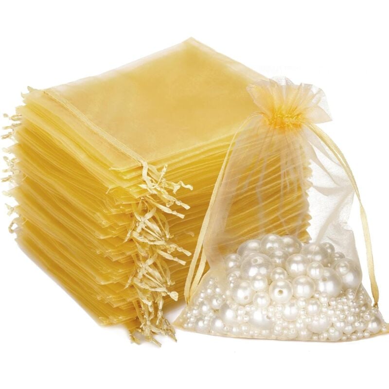 100 Stück (15 x 20 cm) goldene Organza-Geschenkbeutel, Schmuckbeutel, Lavendelbeutel, geeignet für Schmuckgeschenke, Süßigkeiten, Hochzeit