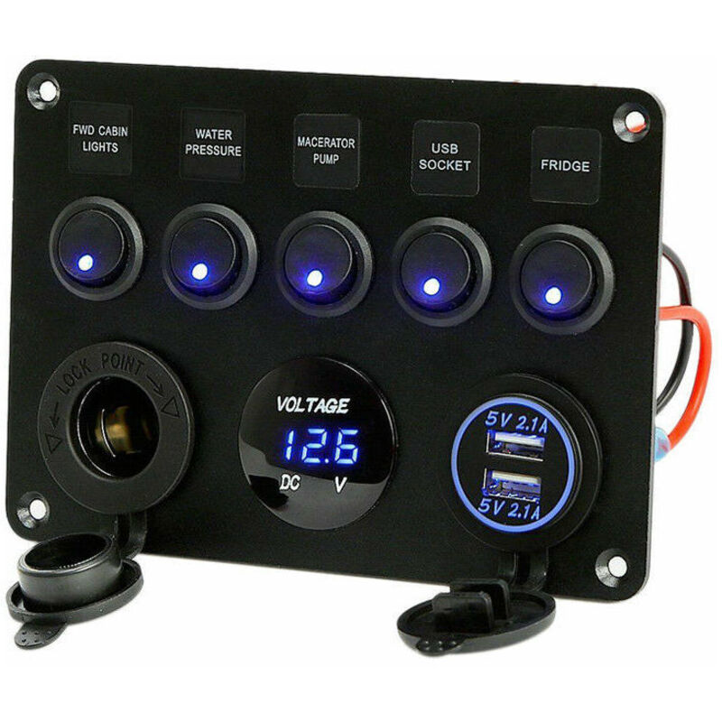 5er-Pack Wippschalter, Doppel-USB-Steckdose, 12-V-Ladegerät, Steckdose, LED-Voltmeter für Auto, Boot, LKW, Wohnmobil (blau)