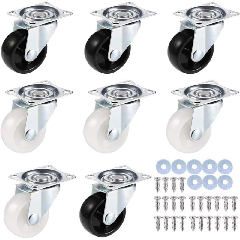 8er Set Lenkrollen mit Schrauben Möbelrollen Möbelrollen Lenkrollen mit Bremse Schwerlasträder PU-Gummirollen für Heimwerker (Höhe 50mm) Schwarz/Weiß