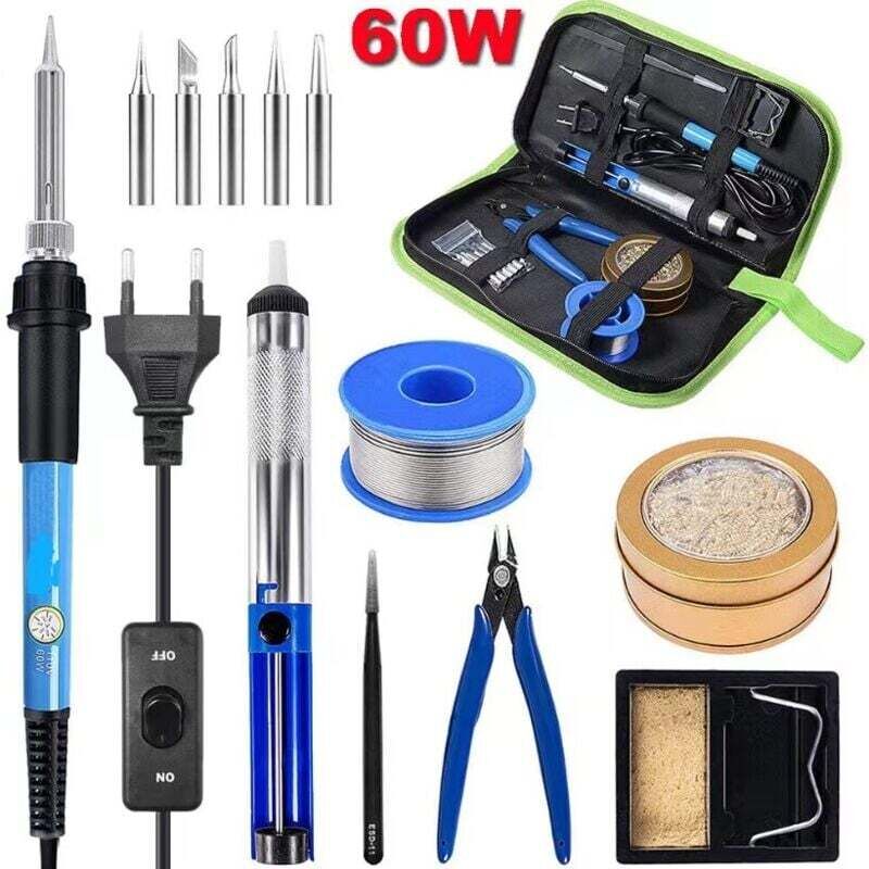 Lötkolben, Lötset, temperaturverstellbares Lötgerät mit Lötspitzen, Saugnapf, Lötdraht, Pinzette, Seitenschneider, Messingspulenkugel, Ständer, Tasche