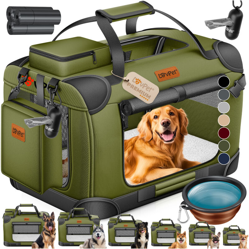 Hundebox Hundetransportbox faltbar Inkl.Hundenapf Transporttasche Hundetasche Transportbox für Haustiere Hunde und Katzen Haustiertransportbox Khaki