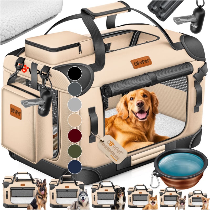 Hundebox Hundetransportbox faltbar Inkl.Hundenapf Transporttasche Hundetasche Transportbox für Haustiere Hunde und Katzen Haustiertransportbox Beige