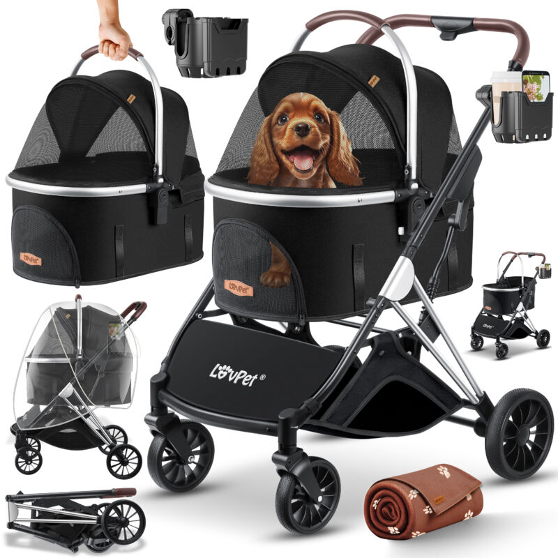 Hundewagen 3in1 Hundebuggy Hundebox Transporttasche 360° Große Räder Faltbar klappbar Haustiere Buggy mit Netzfenstern & Regenschutzabdeckung Schwarz