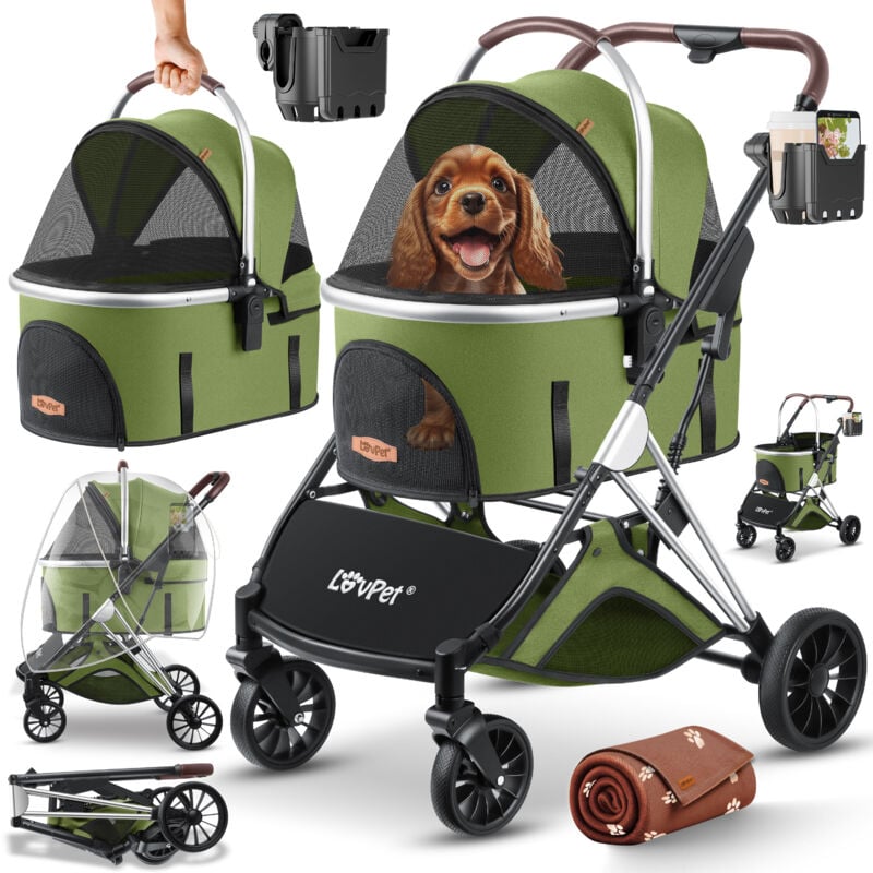 Hundewagen 3in1 Hundebuggy Hundebox Transporttasche 360° Große Räder Faltbar klappbar Haustiere Buggy mit Netzfenstern & Regenschutzabdeckung Khaki /