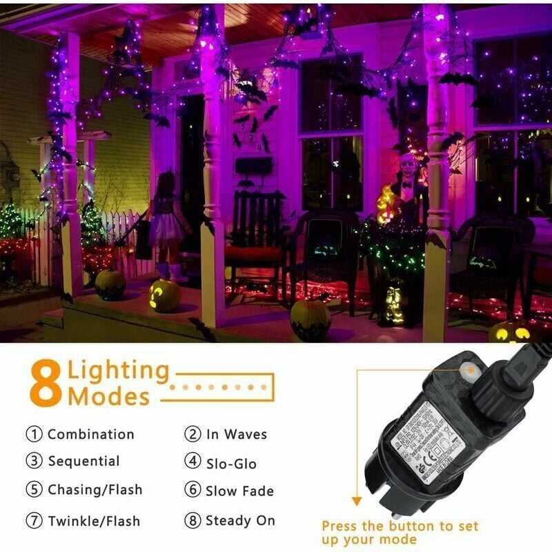Luci decorative per Halloween, 20 m, 200 led, impermeabili, per interni ed esterni, 8 modalità con timer, per Halloween, Natale, feste di matrimonio,