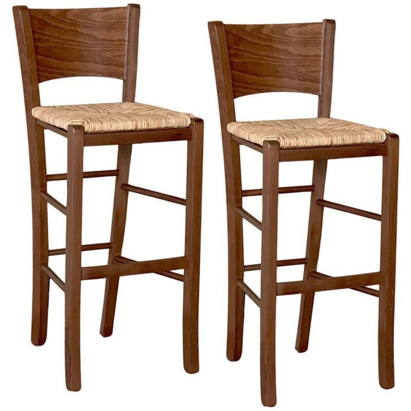 Lucy Barhocker aus dunklem Walnussholz, H 73 cm, mit Sitzfläche aus Reisstroh x 2