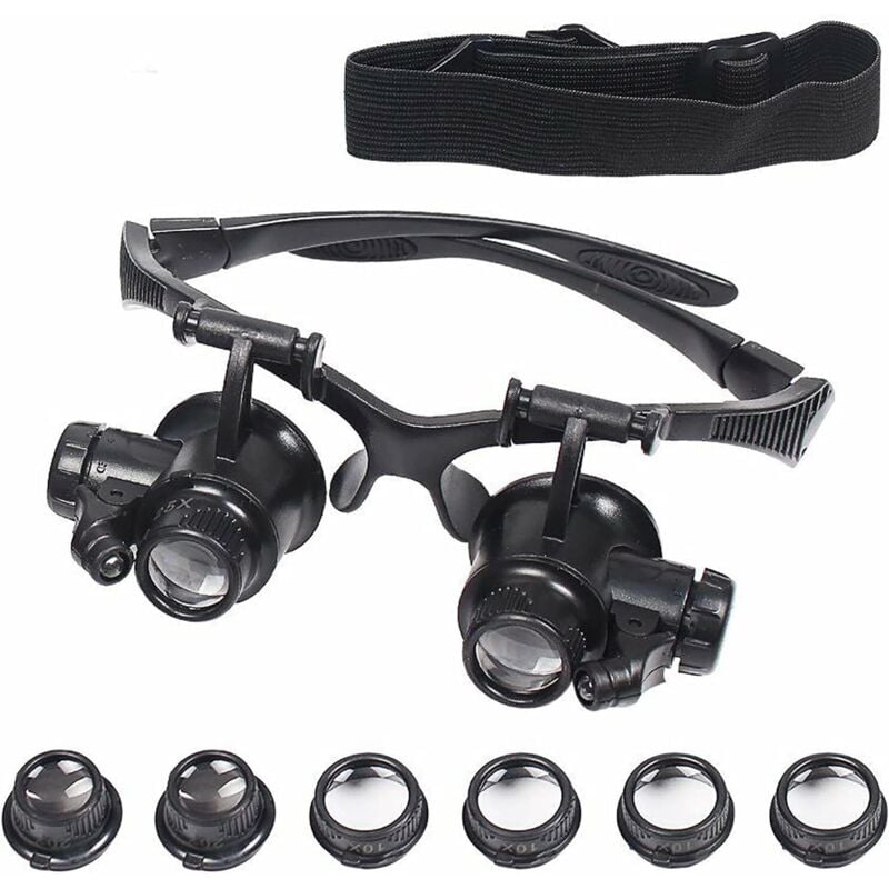 Shining House - Lupe mit LED-Beleuchtung, LED-Kopflupe, Präzisionsbrille mit 4 abnehmbaren Linsen, zum Lesen, Juwelier, Nähen, Heimwerken, 10-fache,