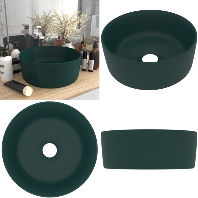 Luxuriöses Waschbecken Rund Matt Dunkelgrün 40x15 cm Keramik - Runde Waschen - Dusche Waschbecken - Keramik Waschbecken - Luxus Waschbecken - Mattes