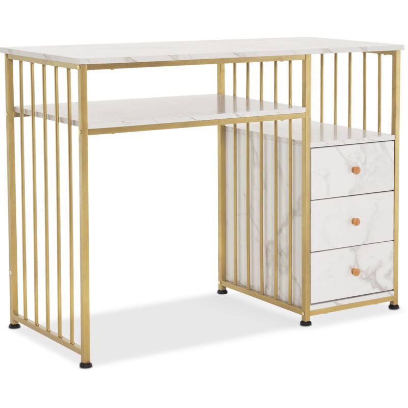 M MCombo Schminktisch mit Schubladen, ohne Spiegel Marmor-Weiß Gold, Nageltisch aus Holz Metallgestell, Computertisch Wohnzimmer Modern, 109 x 45,5 x