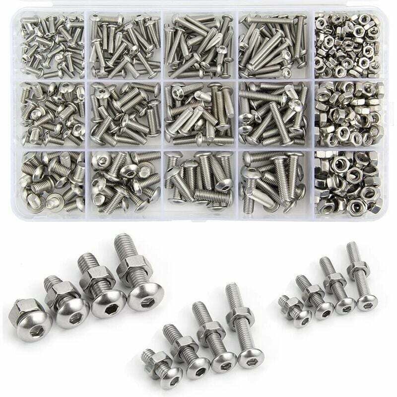 M3 M4 M5 304 Edelstahl-Schrauben- und Muttern-Set – 500 Stück – Sechskantknopf – Schrauben mit Aufbewahrungsbox
