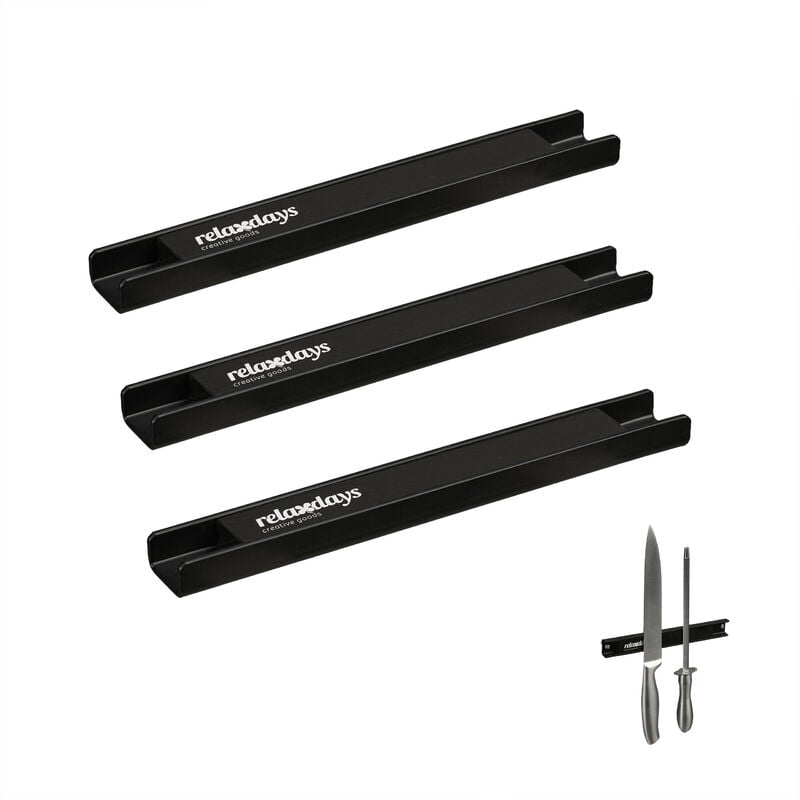 Magnetleiste 3er Set, je 20 cm lang, Stahl, Messerhalter für Werkzeug & Messer, an die Wand schrauben, schwarz - Relaxdays