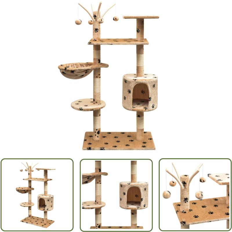 Maison Exclusive - The Living Store Katzen-Kratzbaum 125 cm Beige mit Pfoten-Aufdruck - Katzen Kratzbaum - Katzenmöbel - Plüsch Katzenbaum - Sisal