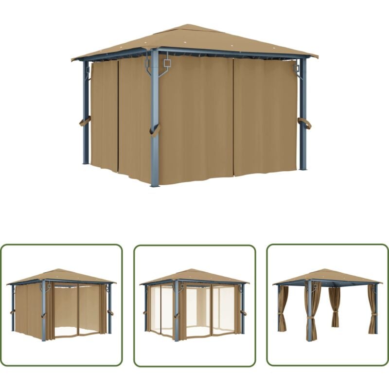 The Living Store Pavillon mit Vorhang 300x300 cm Taupe Aluminium - Pavillon - Gartenhaus - Sommergarten - Outdoor Möbel - Markise