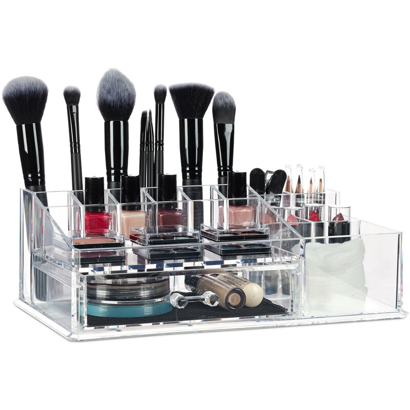 Make Up Organizer mit Schublade, Kosmetik Aufbewahrung für Schminke & Schmuck, Lippenstifthalter, transparent - Relaxdays