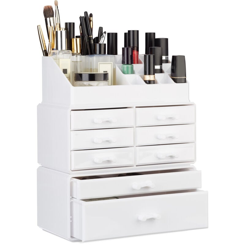 2 x Make Up Organizer mit Schubladen, stapelbares Kosmetikregal für Schmuck & Make Up, Schminkaufbewahrung, weiß