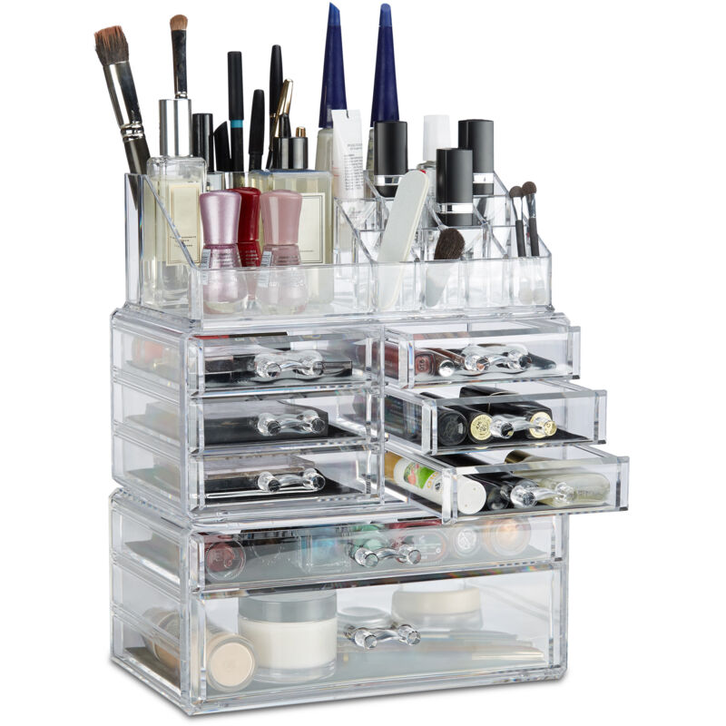 Relaxdays - 2 x Make Up Organizer mit Schubladen, stapelbares Kosmetikregal für Schmuck & Make Up, Schminkaufbewahrung, transparent