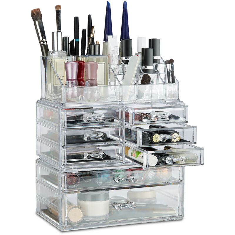 Make Up Organizer mit Schubladen, stapelbarer Schmuckkasten f. Make Up, Acryl Schminkaufbewahrung, transparent - Relaxdays