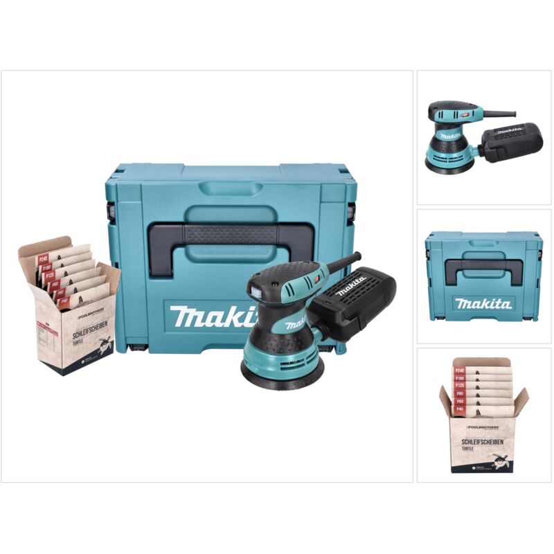 Makita BO 5031 J Exzenterschleifer Schleifmaschine 300 Watt 125 mm + Toolbrothers TURTLE Schleifset + Makpac
