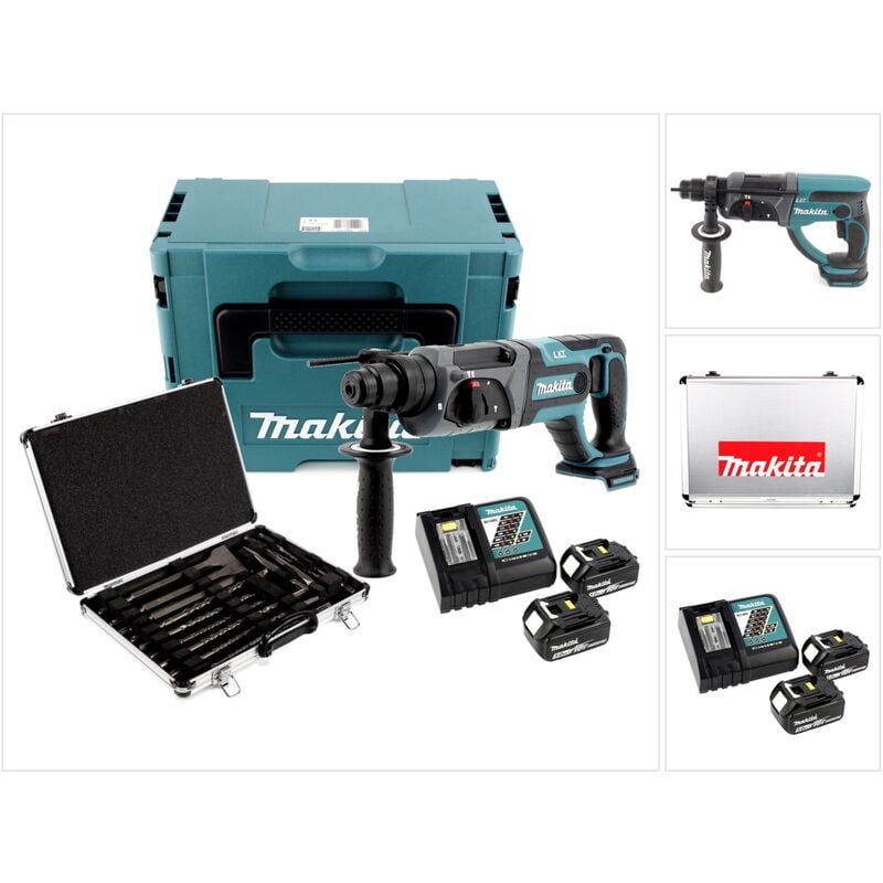 Makita DHR 241 RTJ Akku Bohrhammer 18 V Li-Ion mit SDS-Plus Aufnahme im Makpac + 2x BL 1850 B 5,0 Ah Akku + DC 18 RC Schnellladegerät + Makita