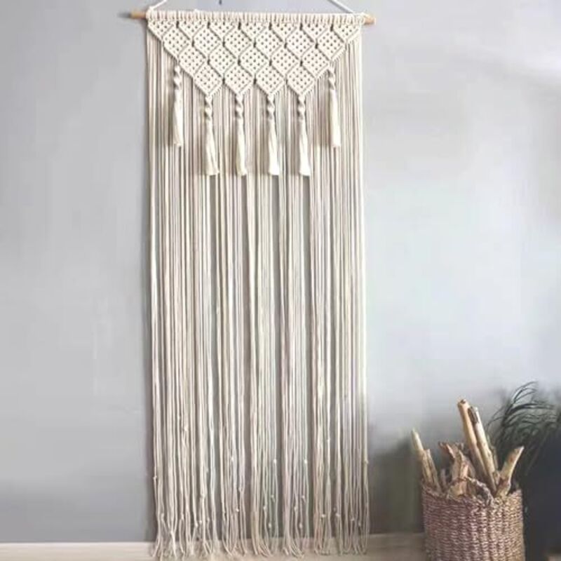 Makramee-Wandbehang, 26 x 79 Zoll, Baumwoll-Makramee-Türvorhang mit Quaste, gewebte Boho-Wandkunst, hängender Wandteppich für Türen,