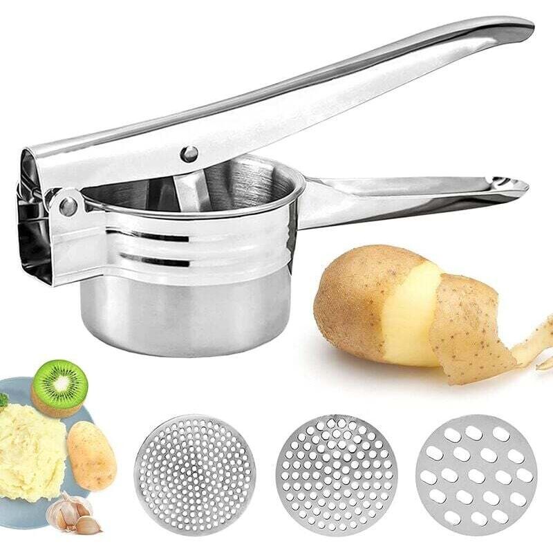 Manueller Kartoffelstampfer, professioneller Kartoffelstampfer aus Edelstahl mit 3 austauschbaren Scheiben für Obst, Gemüse und Babynahrung