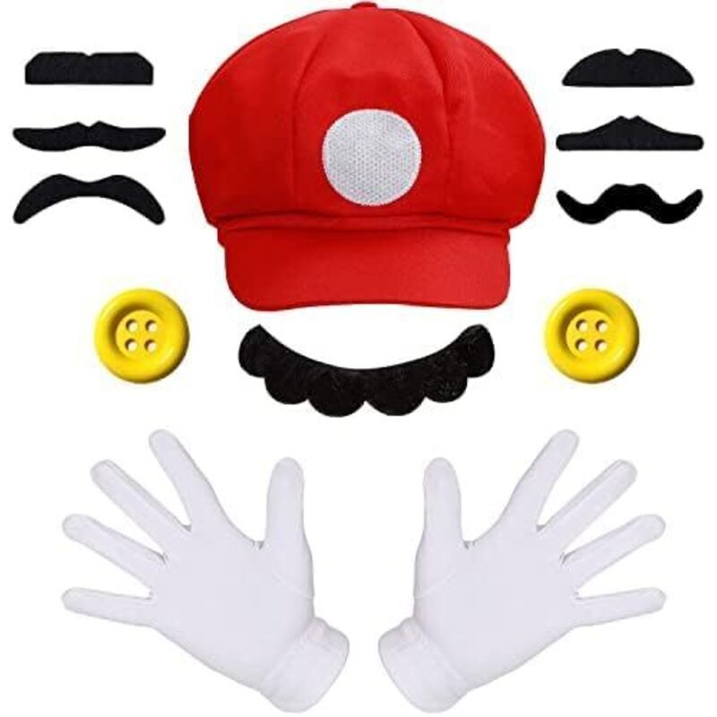 Mario & Luigi Kostüm Zubehör – Mütze, Hut, Handschuhe, Bart und gelbe Knöpfe für Fasching, Karneval, Halloween und Cosplay, für Kinder & Erwachsene