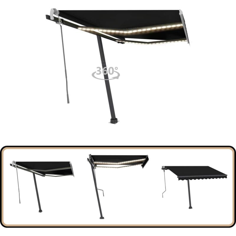 Markise Manuell Einziehbar mit led 300x250 cm Anthrazit - Gartenmarkise - Außenmarkise - Sonnenblende - Terrassenüberdachung - Wetterfeste Markise