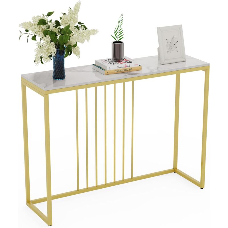 Konsolentisch Gold Schmal Marmor, Skandinavisch Eingangtisch mit Gold Metallgestell, Flurtisch für Schlafzimmer Wohnzimmer, weiß 100×30×79cm