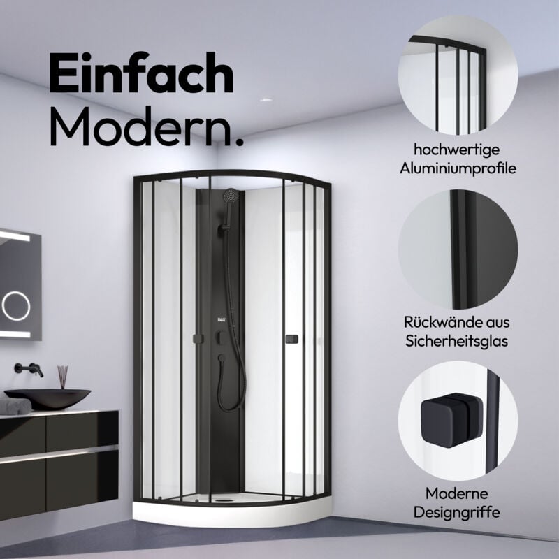Dusche Komplett Marwell Komplettdusche Prime Style Schwarz/Weiß 85x85x198 - Fertigdusche im komplett Set mit Acrylwanne und Armatur - 4 mm