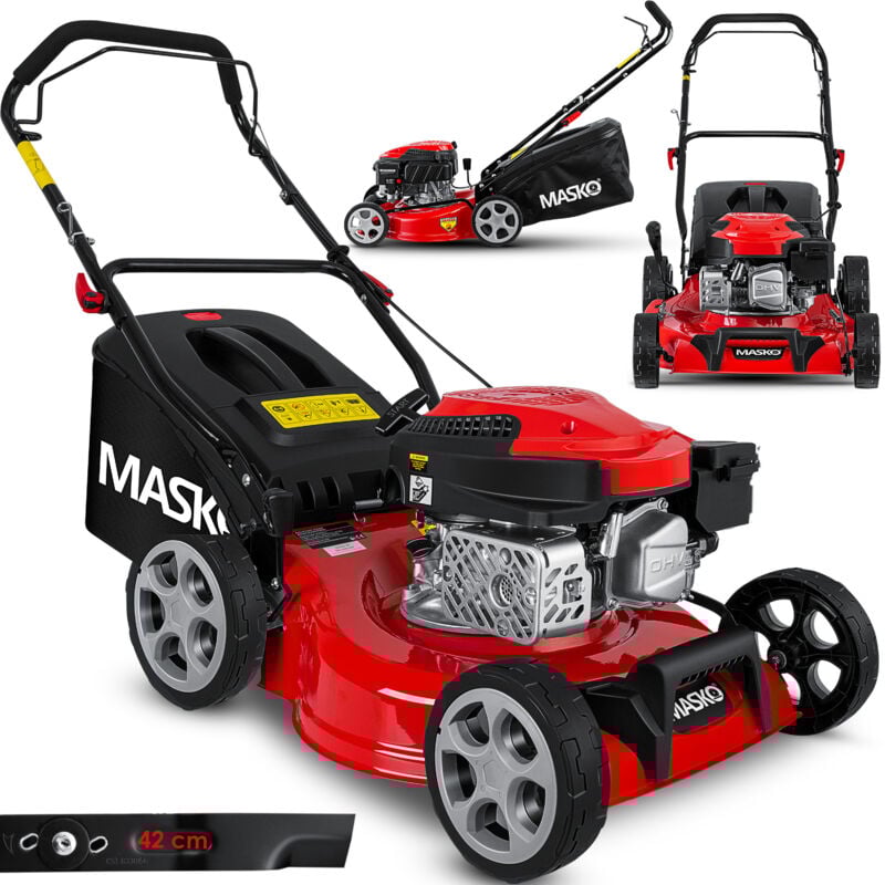 Masko - 3in1 Benzin Rasenmäher mit Front-Tragegriff, Ölstand-Anzeige und Fangkorb mit hohem Volumen, Schnitthöhe 7-stufig verstellbar, Schnittbreite